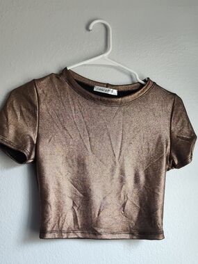 Amante Metallic Bronze Crop Tee - Short Sleeve Women's Top Size S